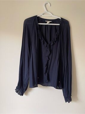 H&M Dark Navy Ruffle V-Neck Long Sleeve Blouse